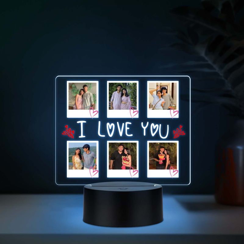 Personalized I Love You Collage Photo Frame Romantic Acrylic Desktop Lamp for Couples, Anniversary or Birthday Gift for Him & Her | Multicolored Light & USB Powered